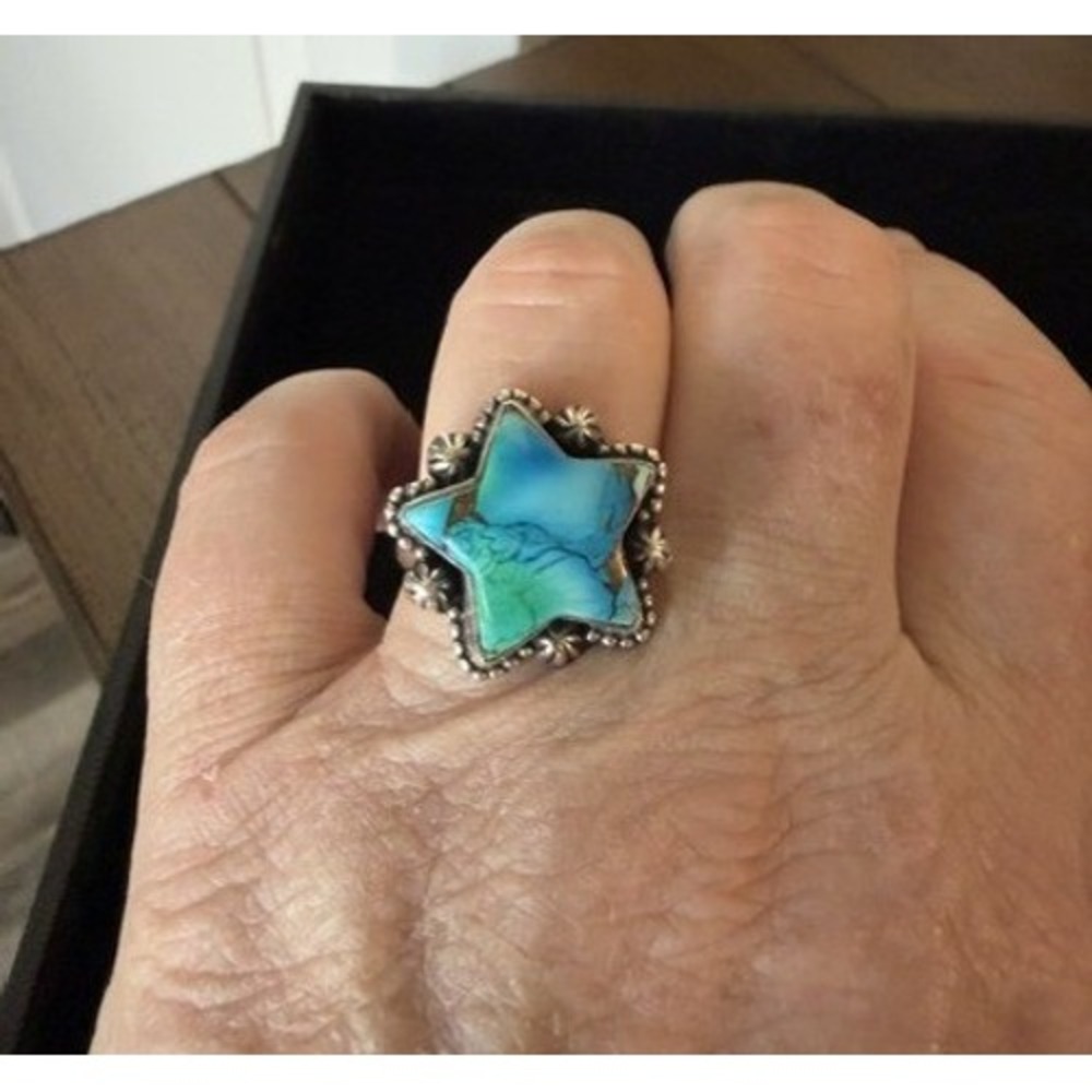 925 Sterling Silver Peacock Dahlia Star Ring Southwestern Statement Jewelry Sz 9 - Picture 3 of 5